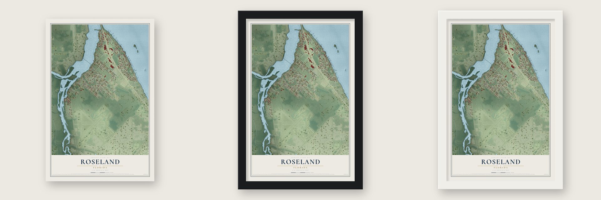 Roseland, Florida map unframed, in a black wood frame and in a white wood frame