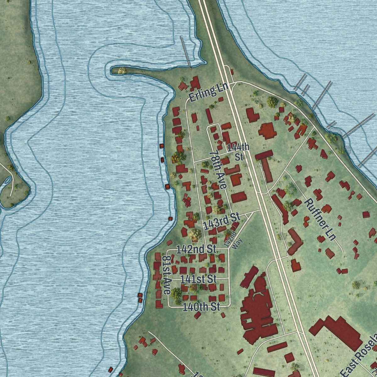 Second close-up of the map of Roseland, Florida print showing more streets and buildings