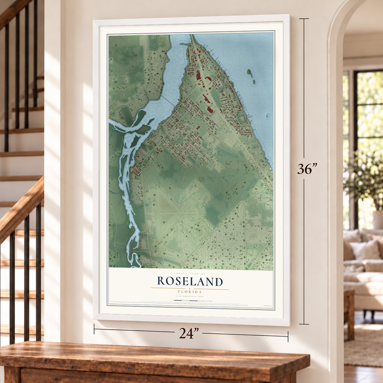 Roseland, Florida map, 24 x 36 inch print in a white frame by a staircase