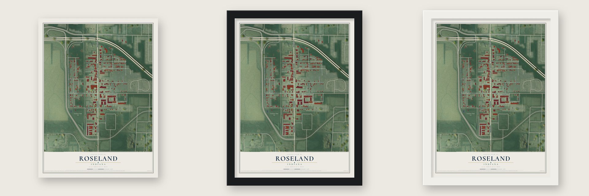 Roseland, Indiana map unframed, in a black wood frame and in a white wood frame