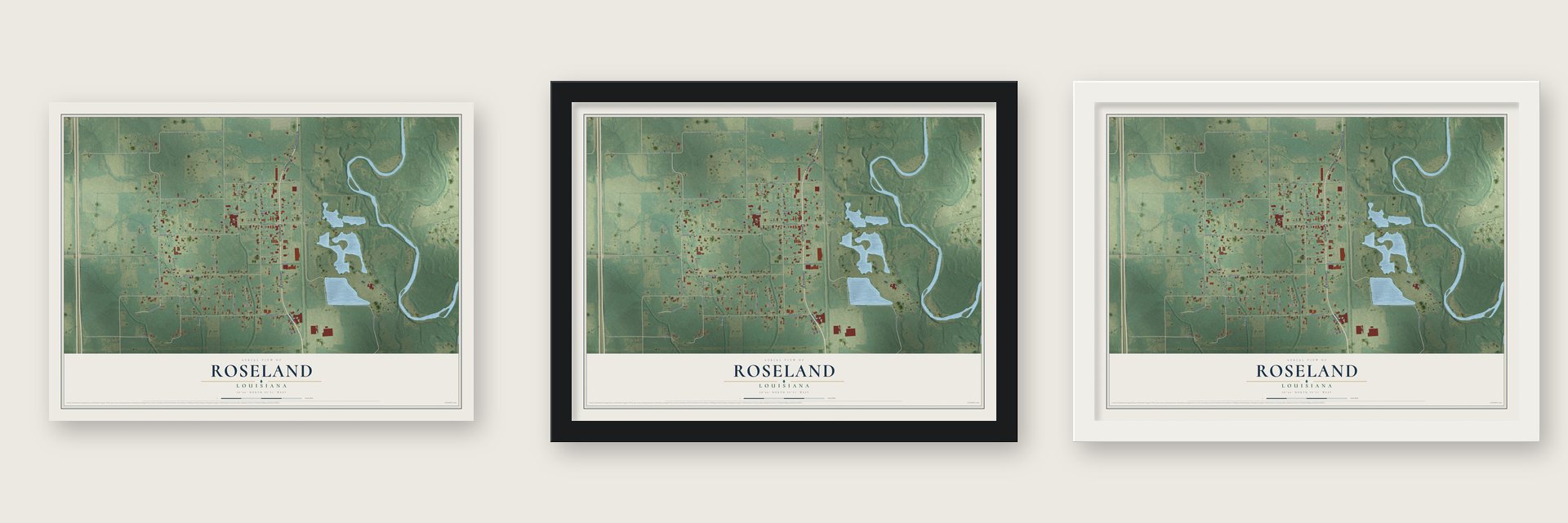 Roseland, Louisiana map unframed, in a black wood frame and in a white wood frame
