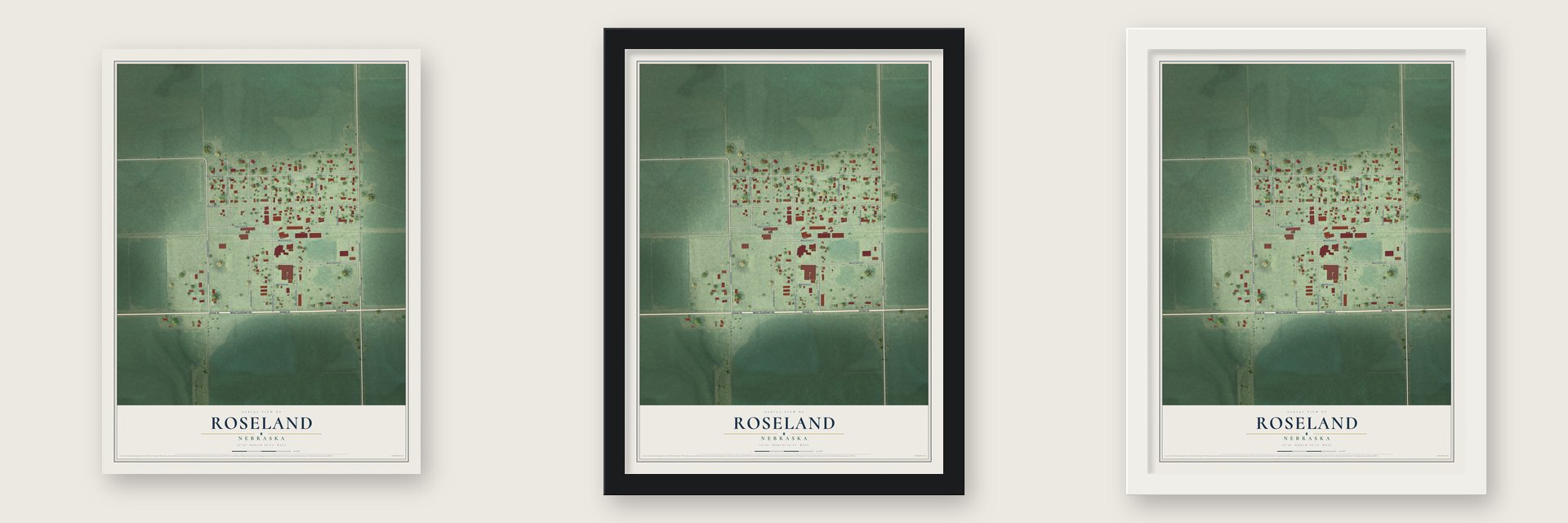 Roseland, Nebraska map unframed, in a black wood frame and in a white wood frame