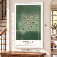 Roseland, Nebraska map, 24 x 36 inch print in a white frame by a staircase