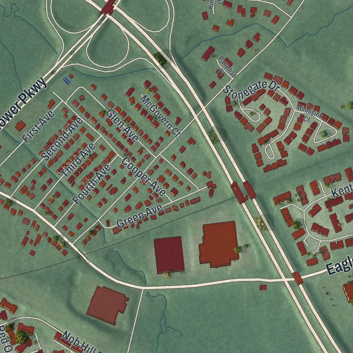 Second close-up of the map of Roseland, New Jersey print showing more streets and buildings