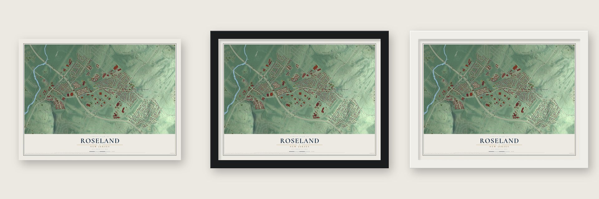 Roseland, New Jersey map unframed, in a black wood frame and in a white wood frame