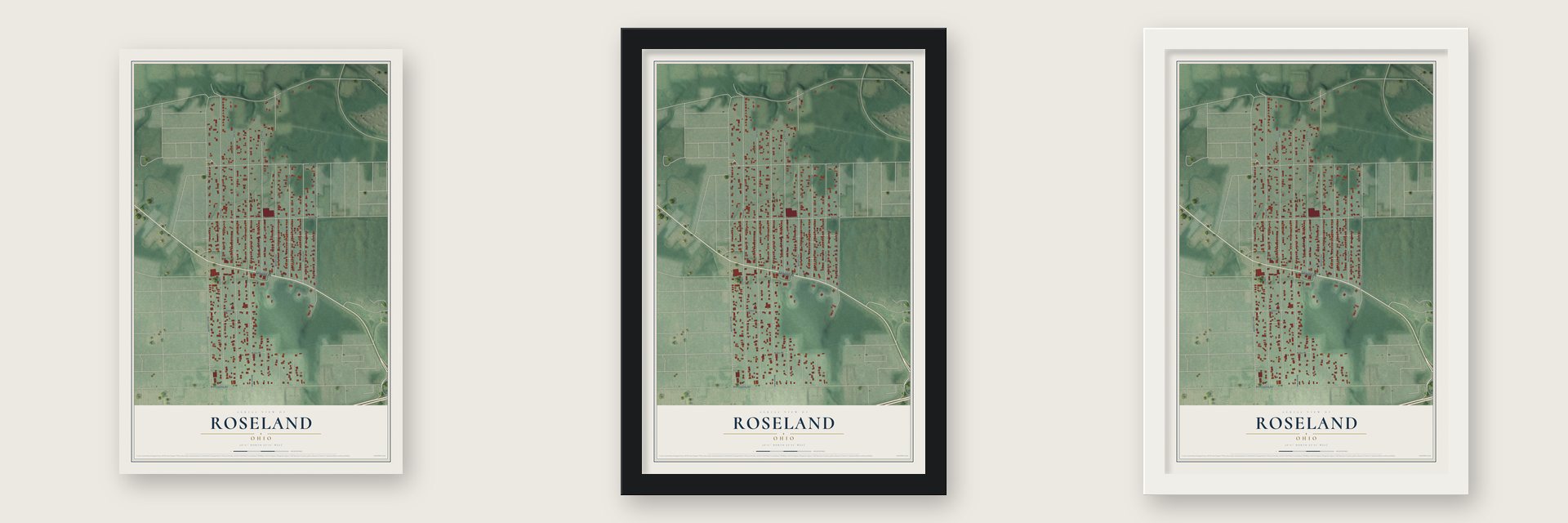 Roseland, Ohio map unframed, in a black wood frame and in a white wood frame