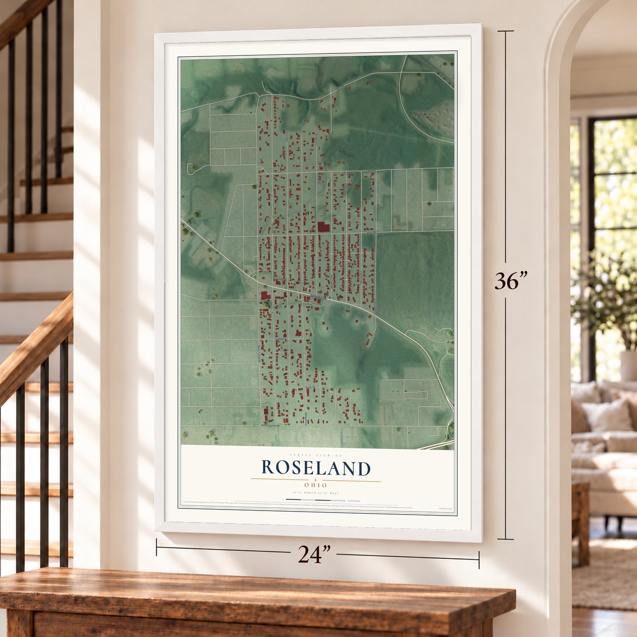 Roseland, Ohio map, 24 x 36 inch print in a white frame by a staircase