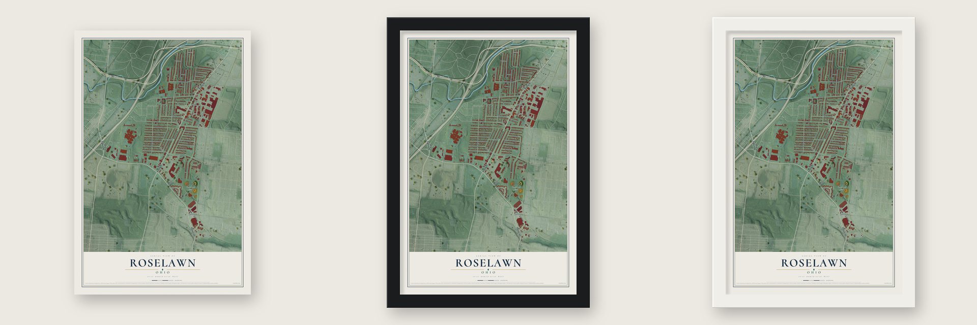Roselawn, Ohio map unframed, in a black wood frame and in a white wood frame