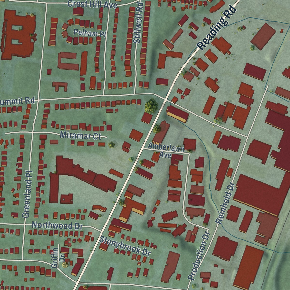 Second close-up of the map of Roselawn, Ohio print showing more streets and buildings