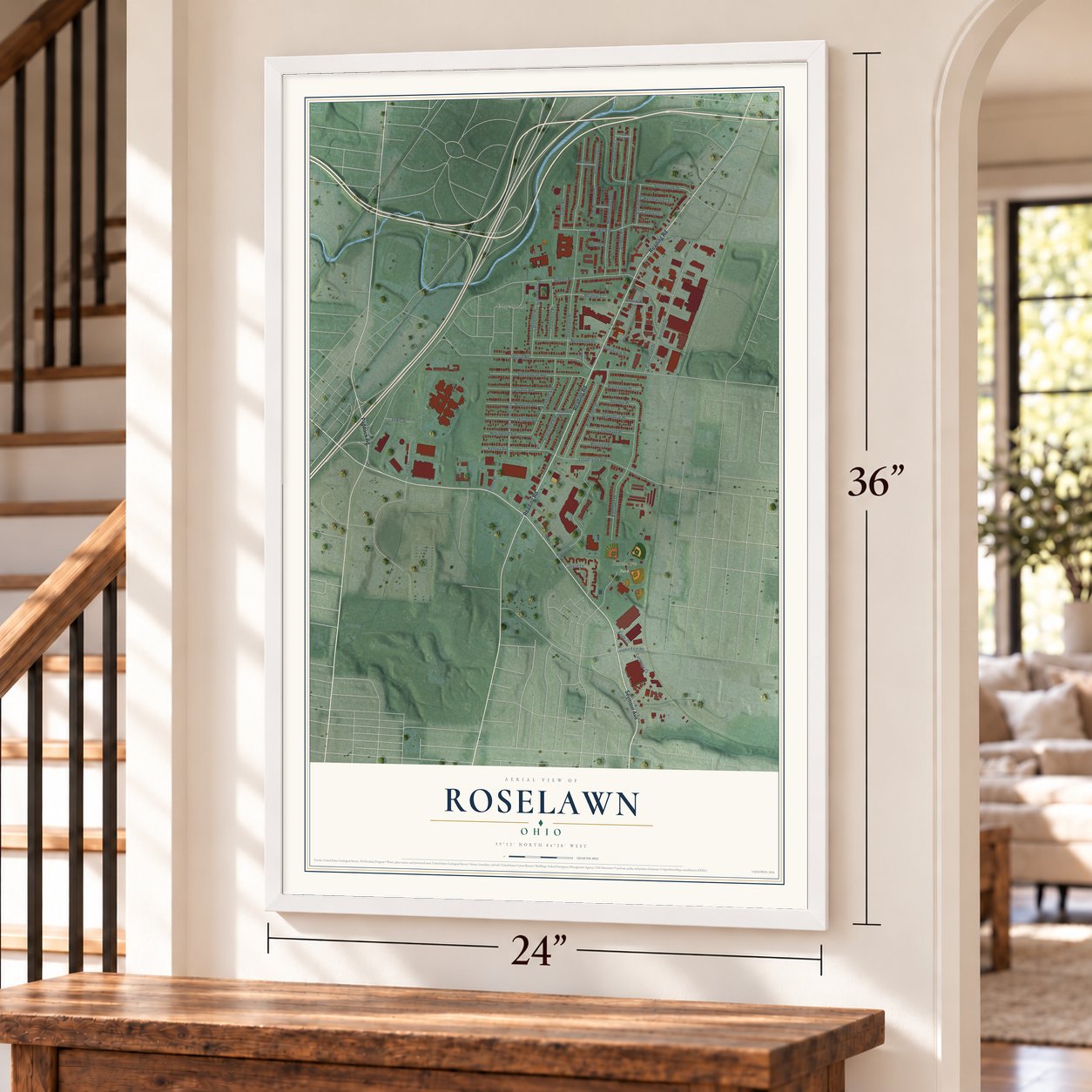 Roselawn, Ohio map, 24 x 36 inch print in a white frame by a staircase
