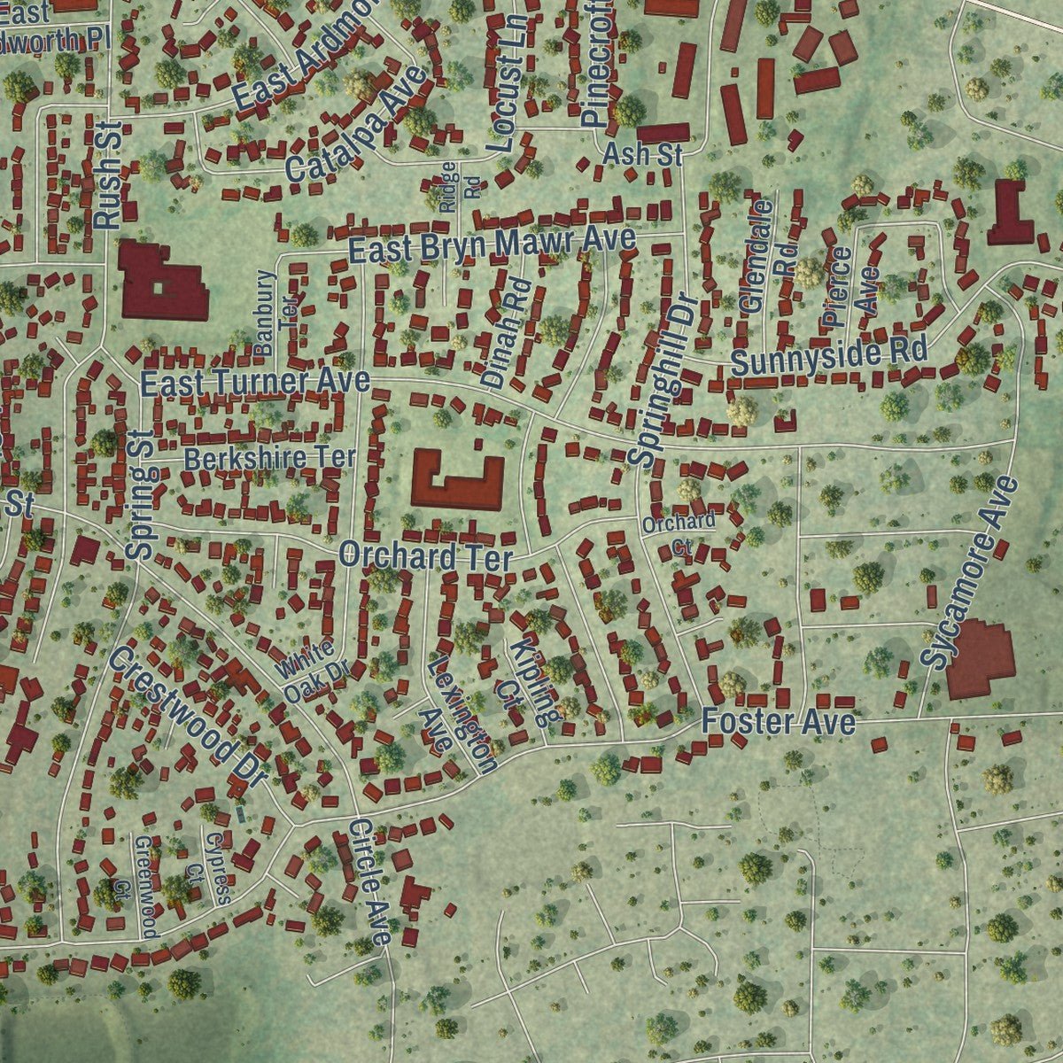 Second close-up of the map of Roselle, Illinois print showing more streets and buildings