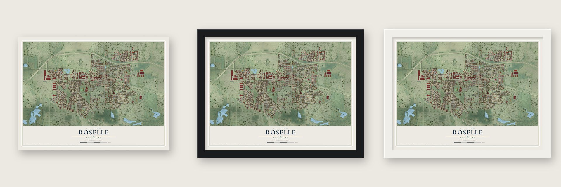 Roselle, Illinois map unframed, in a black wood frame and in a white wood frame