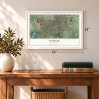 Roselle, Illinois map, 12 x 18 inch print in a white frame in an entryway