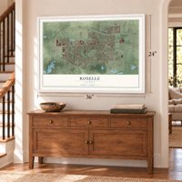 Roselle, Illinois map, 24 x 36 inch print in a white frame above a dresser by a staircase