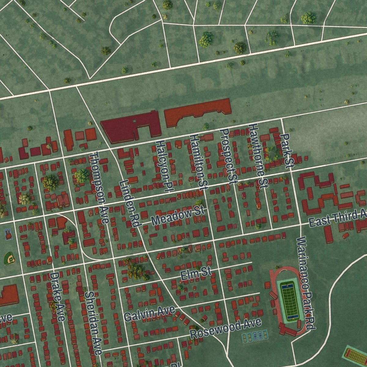 Second close-up of the map of Roselle, New Jersey print showing more streets and buildings