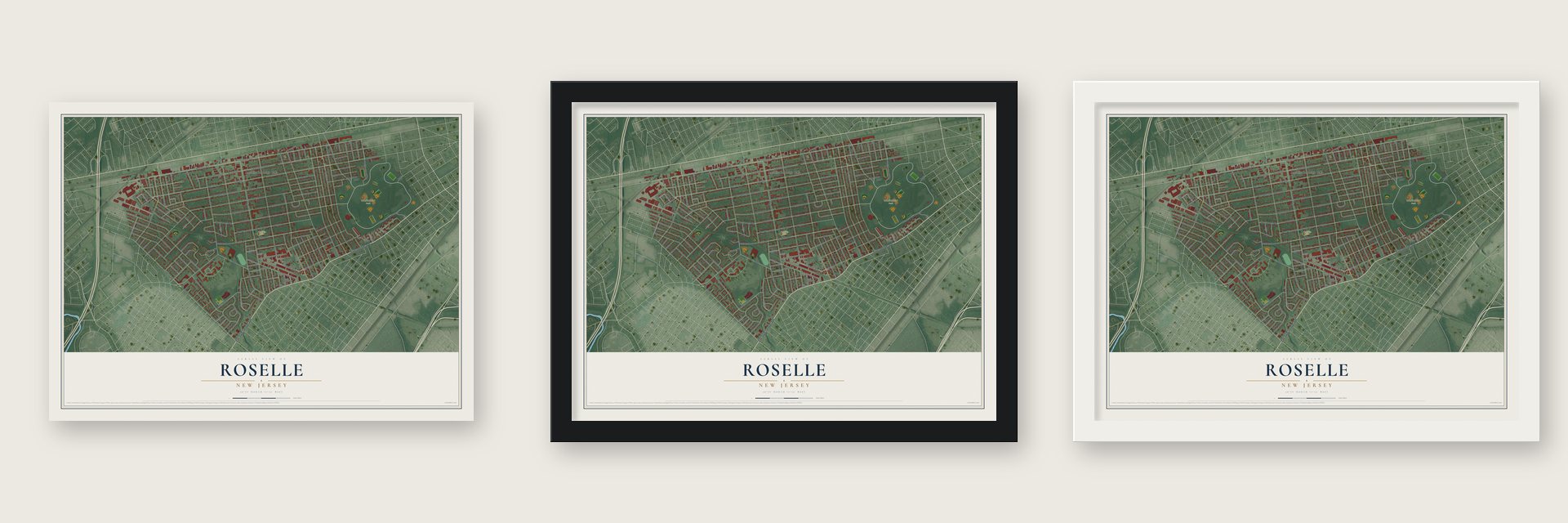 Roselle, New Jersey map unframed, in a black wood frame and in a white wood frame
