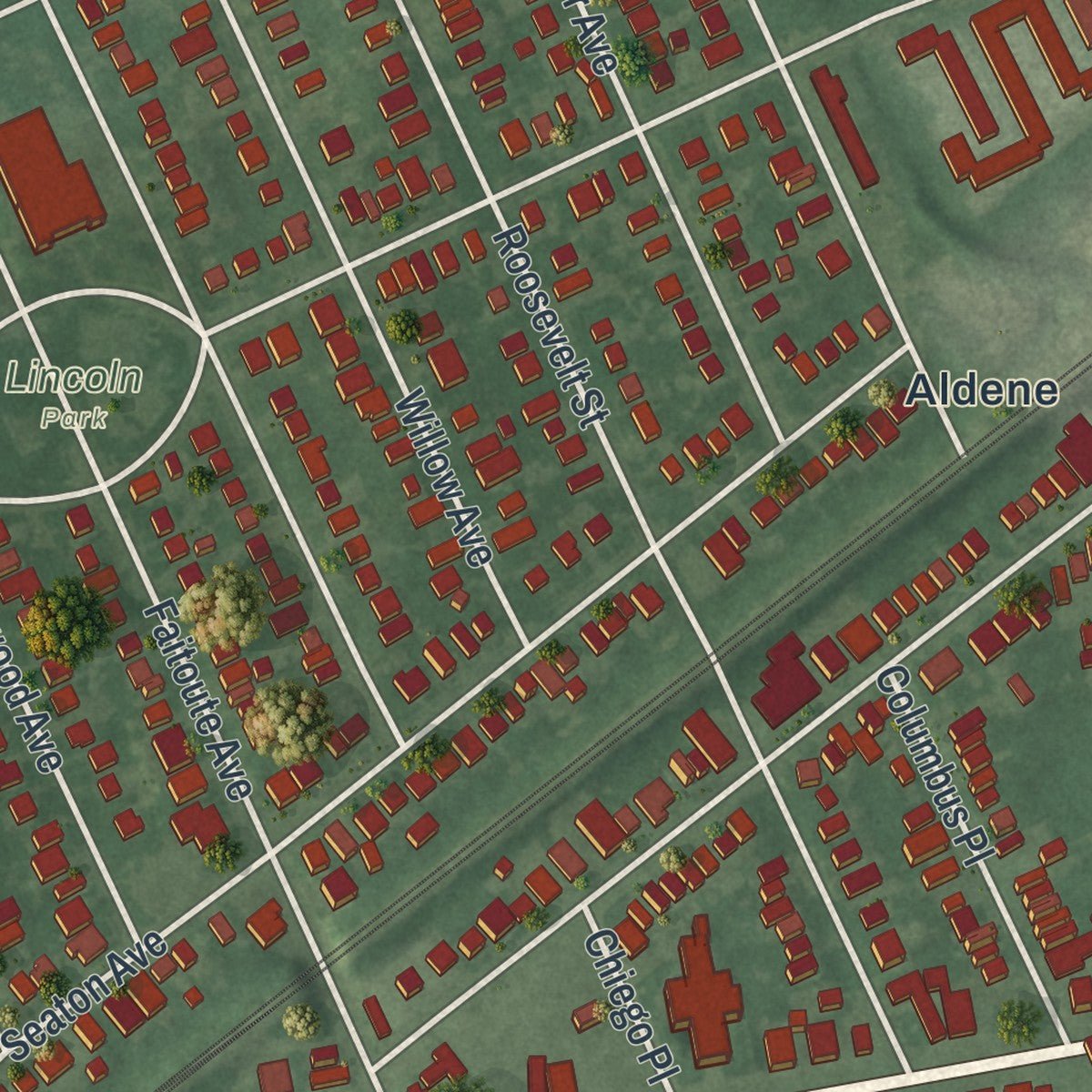 Second close-up of the map of Roselle Park, New Jersey print showing more streets and buildings