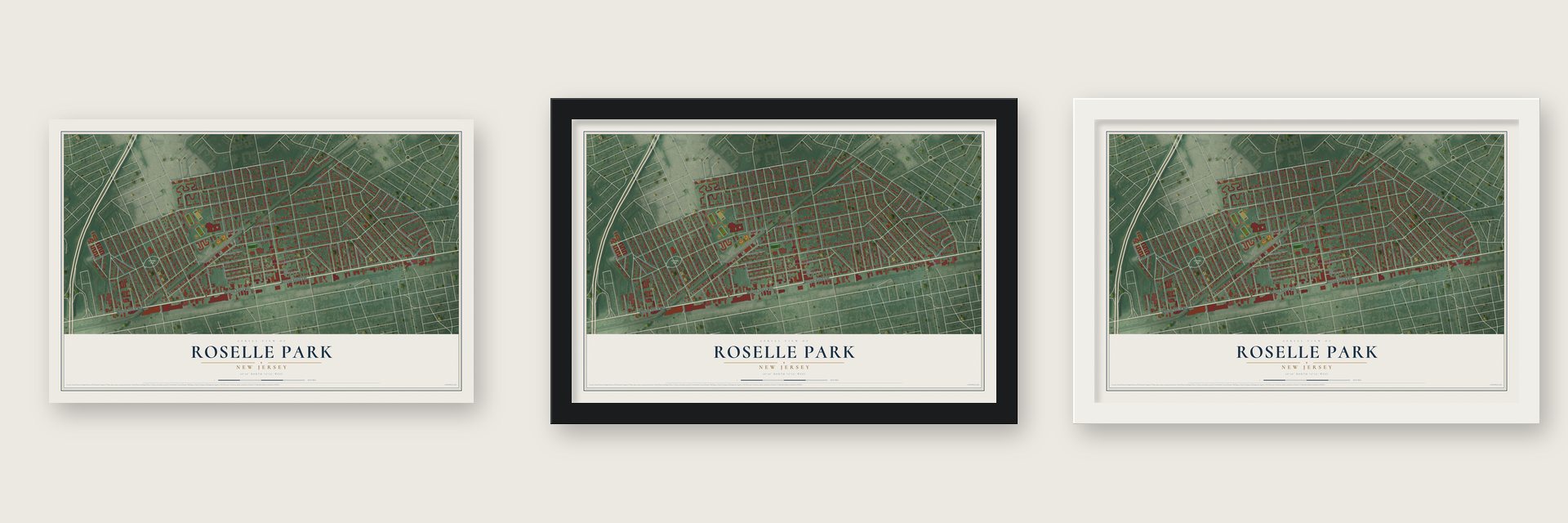 Roselle Park, New Jersey map unframed, in a black wood frame and in a white wood frame