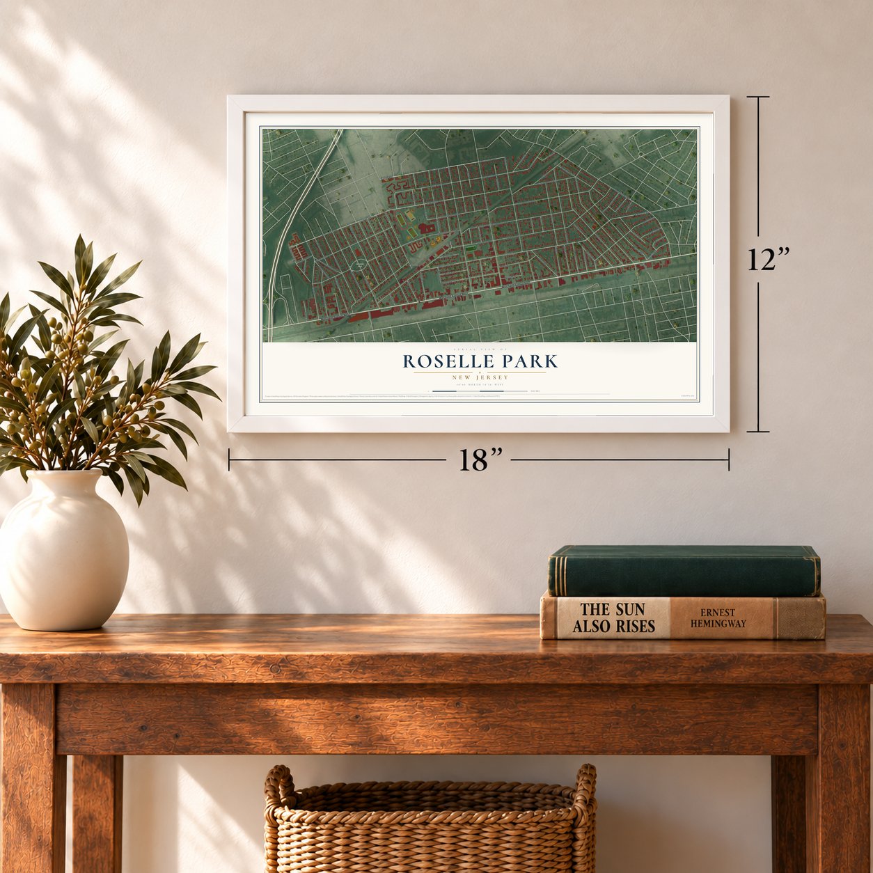 Roselle Park, New Jersey map, 12 x 18 inch print in a white frame in an entryway