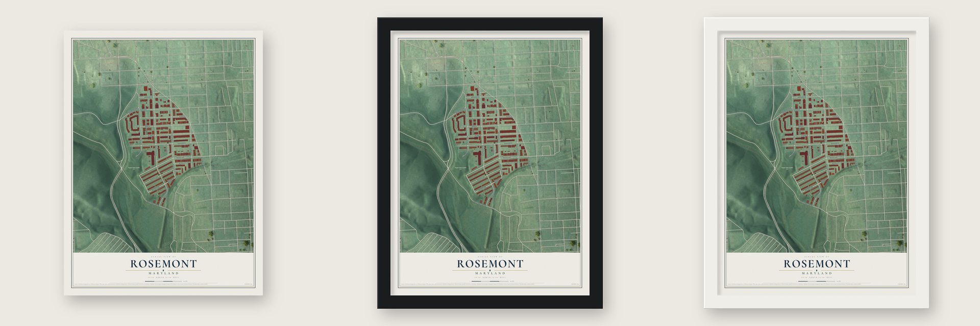 Rosemont, Baltimore, Maryland map unframed, in a black wood frame and in a white wood frame