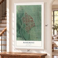 Rosemont, Baltimore, Maryland map, 24 x 36 inch print in a white frame by a staircase