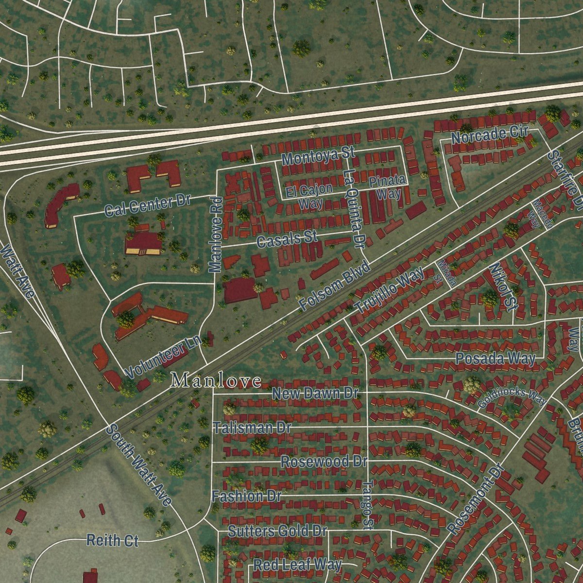 Second close-up of the map of Rosemont, California print showing more streets and buildings