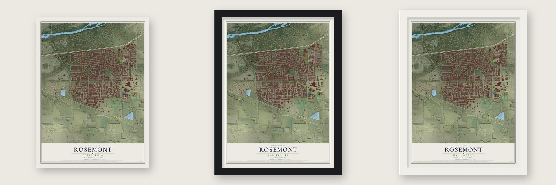 Rosemont, California map unframed, in a black wood frame and in a white wood frame
