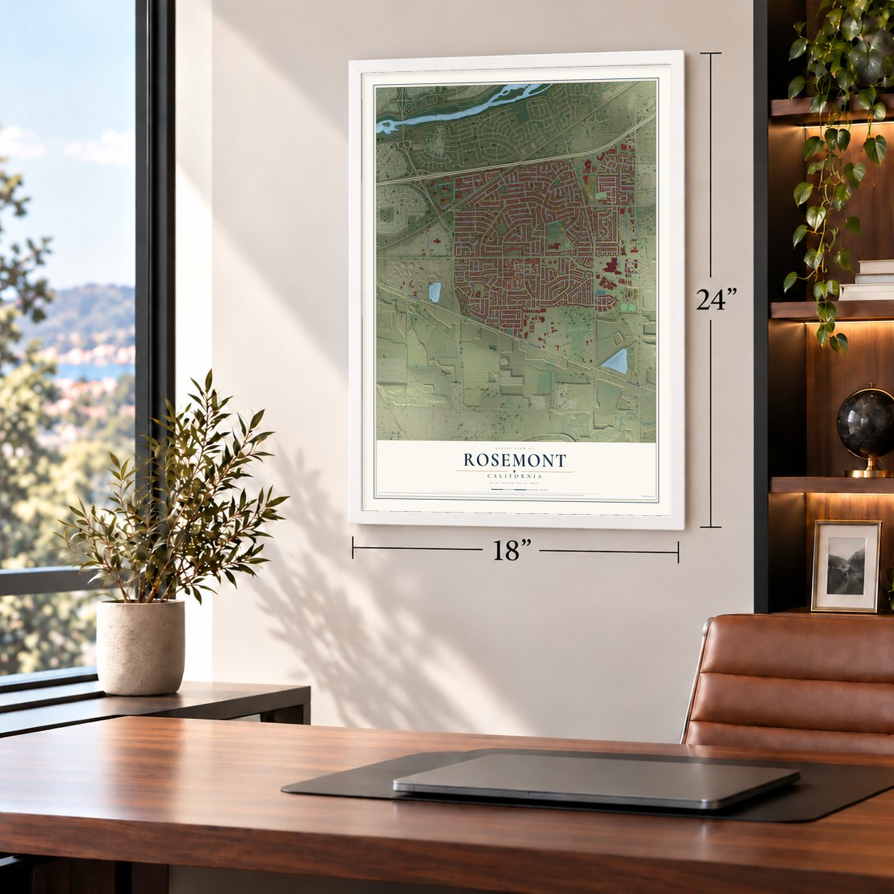 Rosemont, California map, 18 x 24 inch print in a white frame in a home office