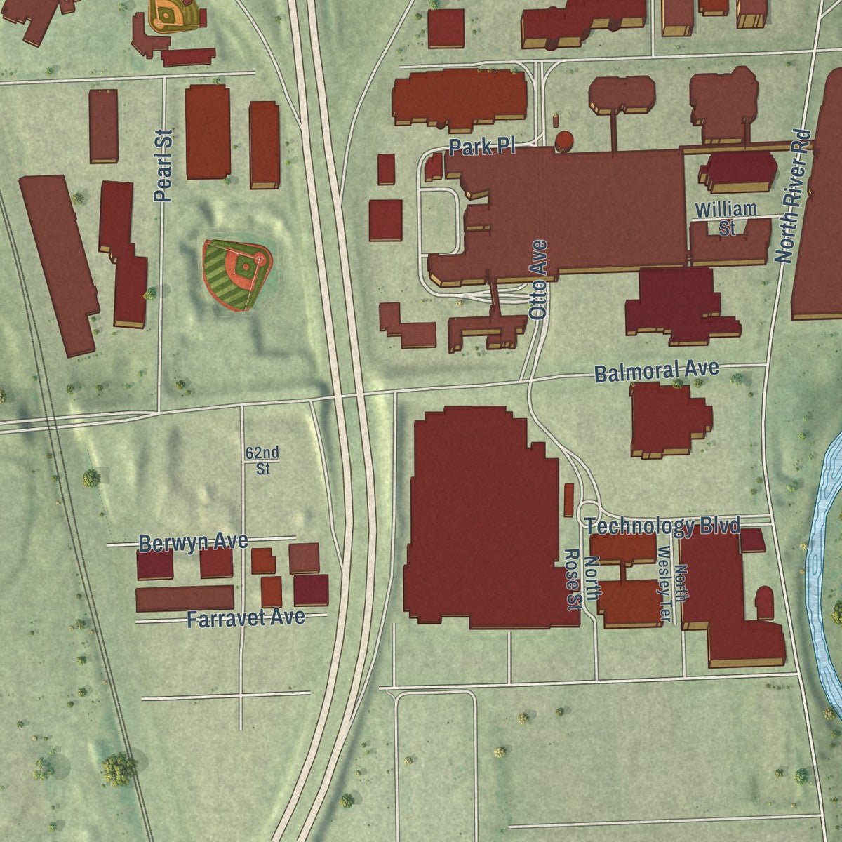 Second close-up of the map of Rosemont, Illinois print showing more streets and buildings