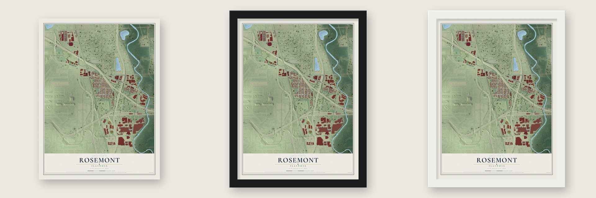 Rosemont, Illinois map unframed, in a black wood frame and in a white wood frame