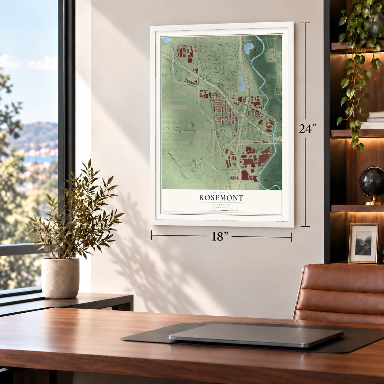 Rosemont, Illinois map, 18 x 24 inch print in a white frame in a home office