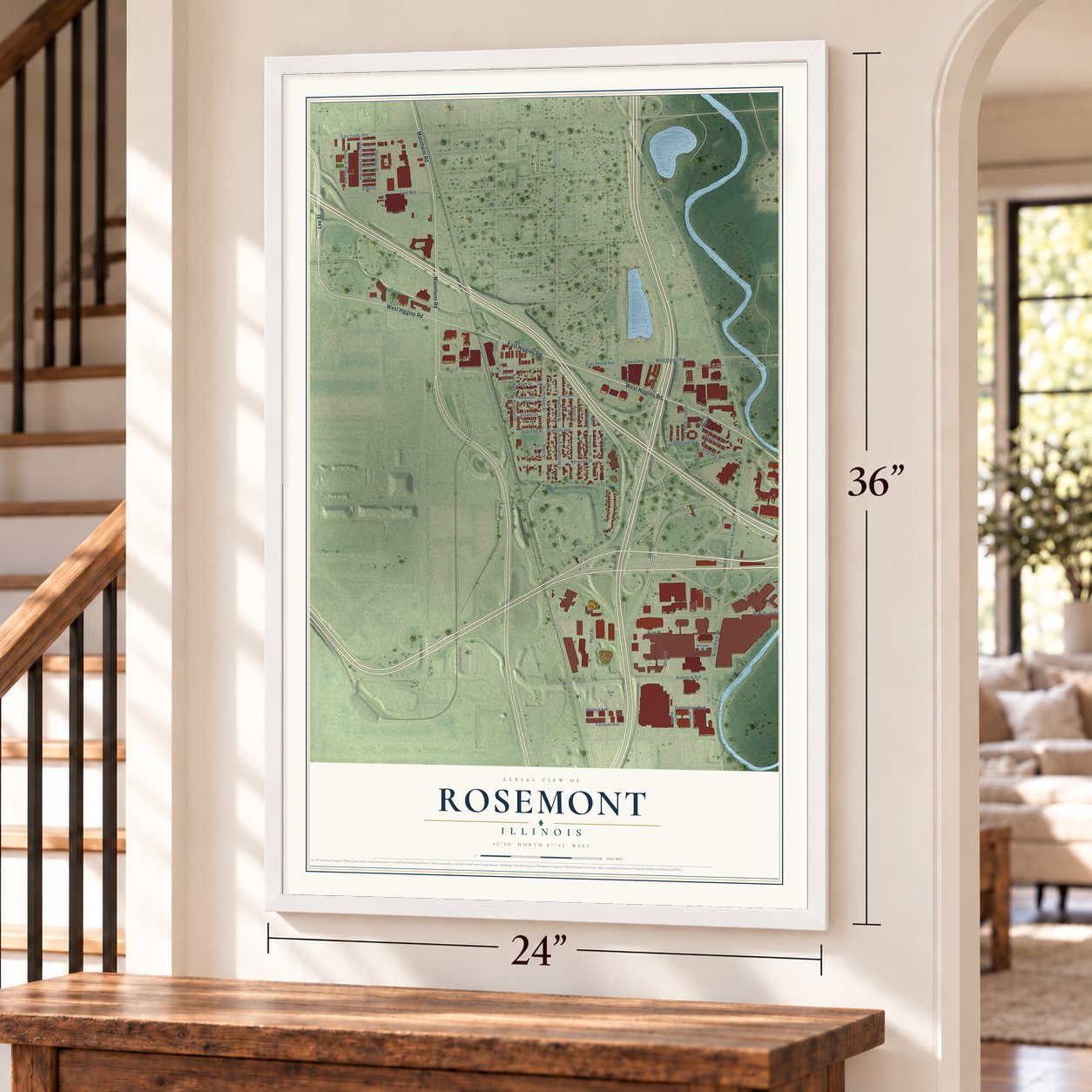 Rosemont, Illinois map, 24 x 36 inch print in a white frame by a staircase