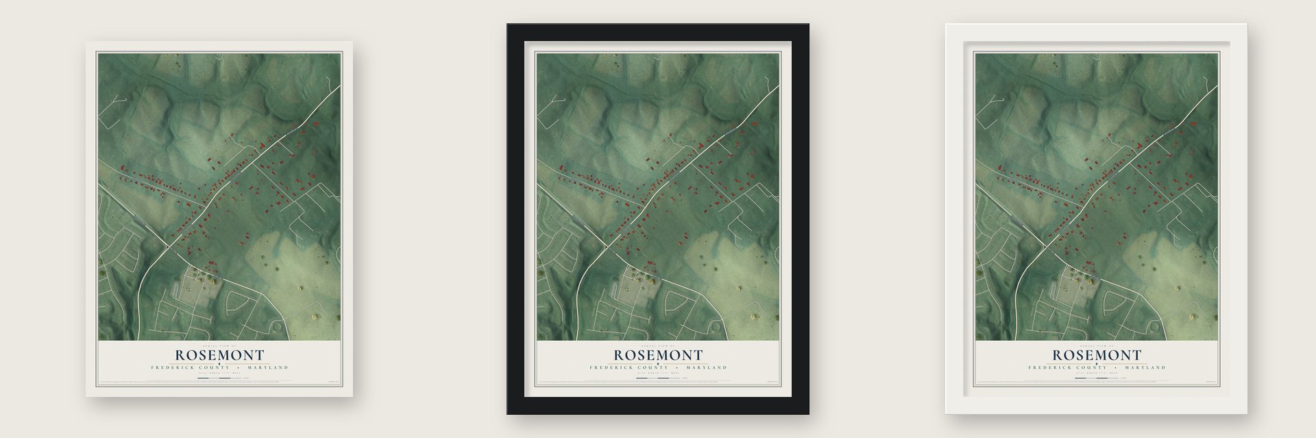 Rosemont, Maryland map unframed, in a black wood frame and in a white wood frame