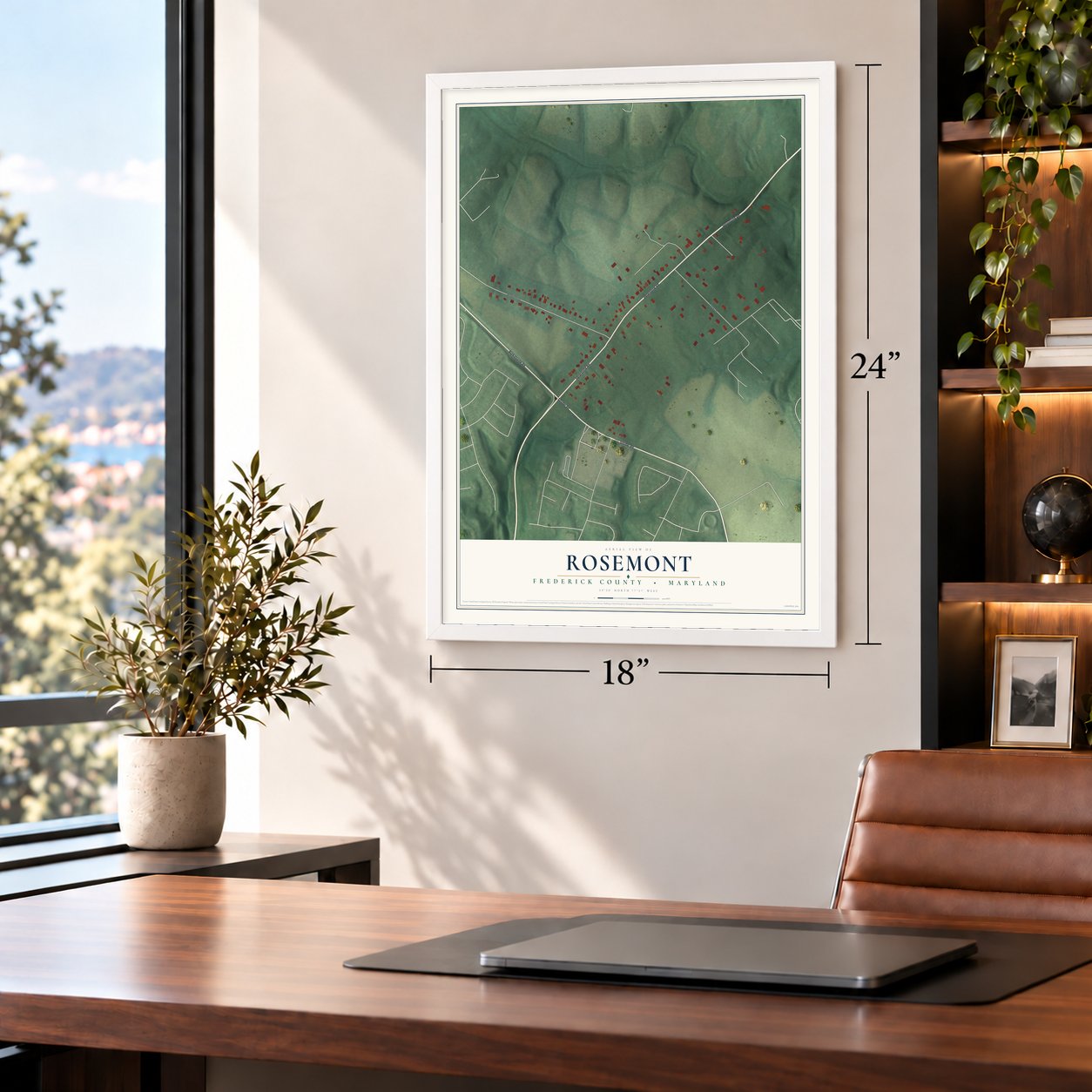 Rosemont, Maryland map, 18 x 24 inch print in a white frame in a home office