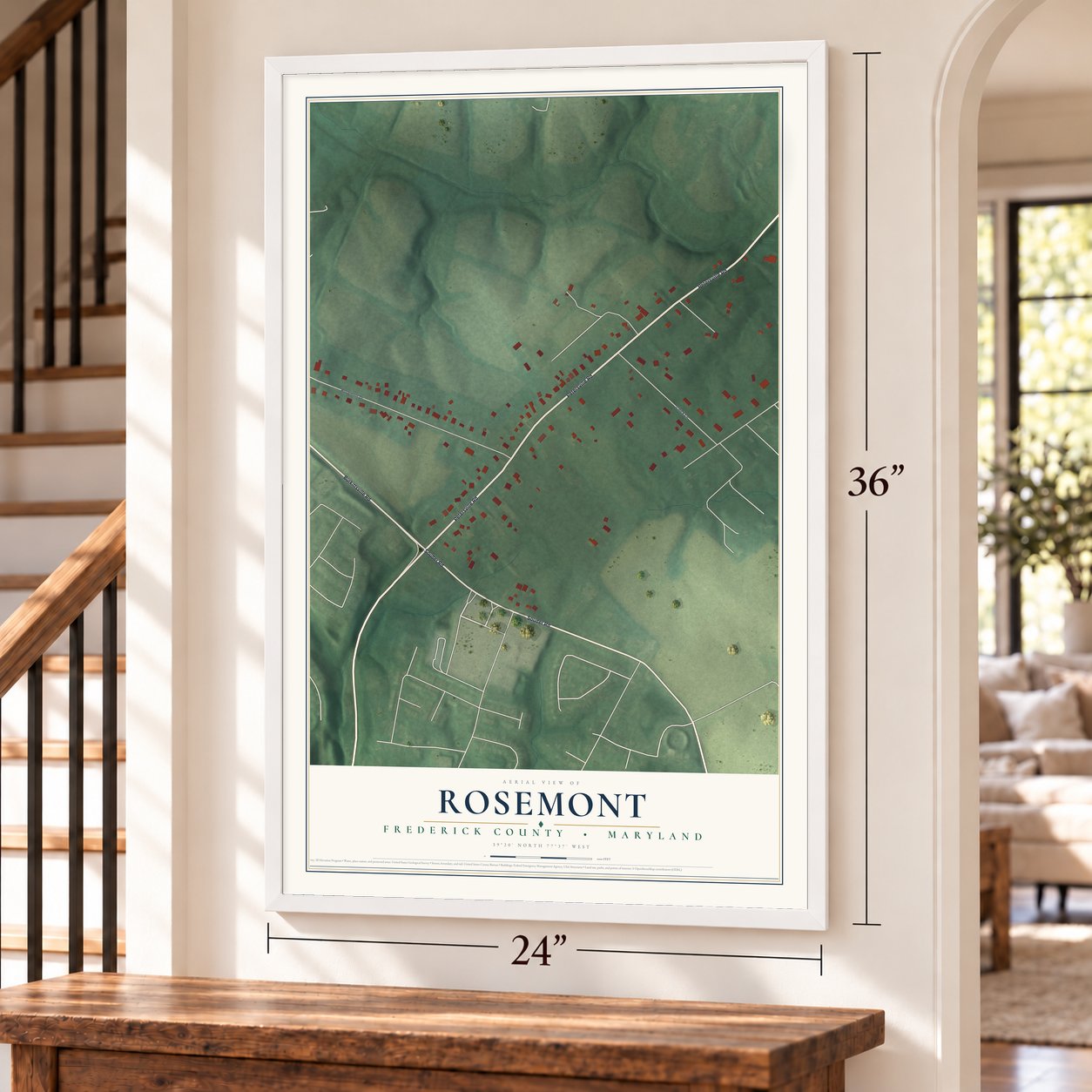 Rosemont, Maryland map, 24 x 36 inch print in a white frame by a staircase