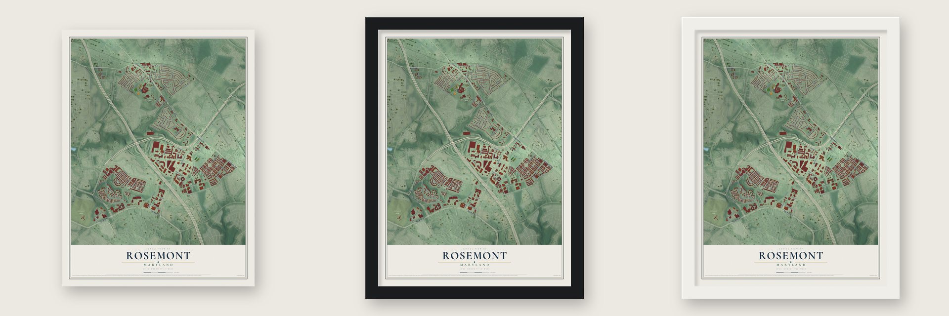 Rosemont, Montgomery County, Maryland map unframed, in a black wood frame and in a white wood frame