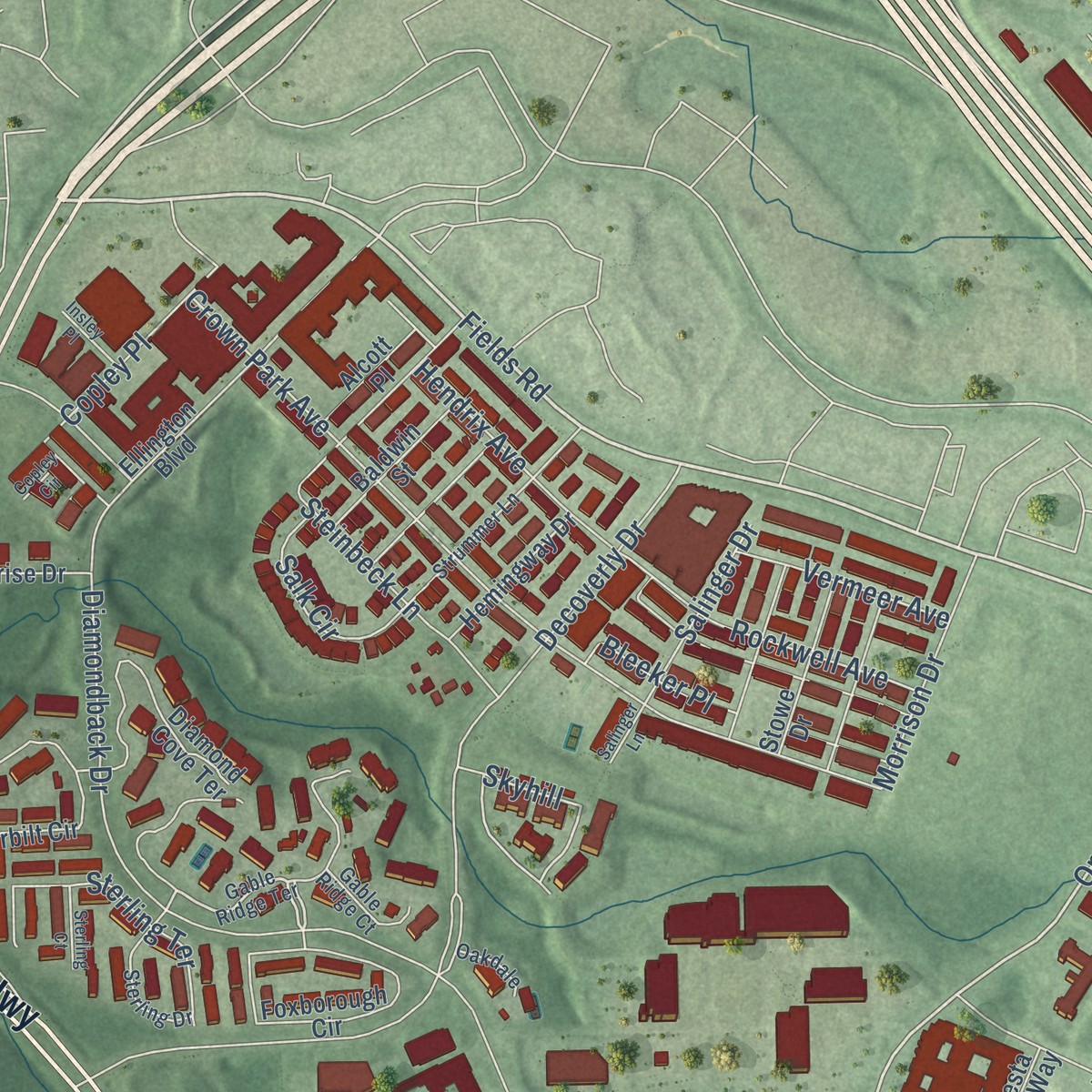 Second close-up of the map of Rosemont, Montgomery County, Maryland print showing more streets and buildings
