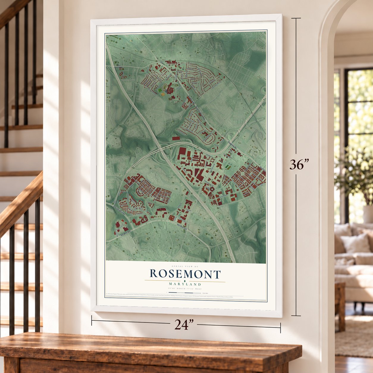 Rosemont, Montgomery County, Maryland map, 24 x 36 inch print in a white frame by a staircase