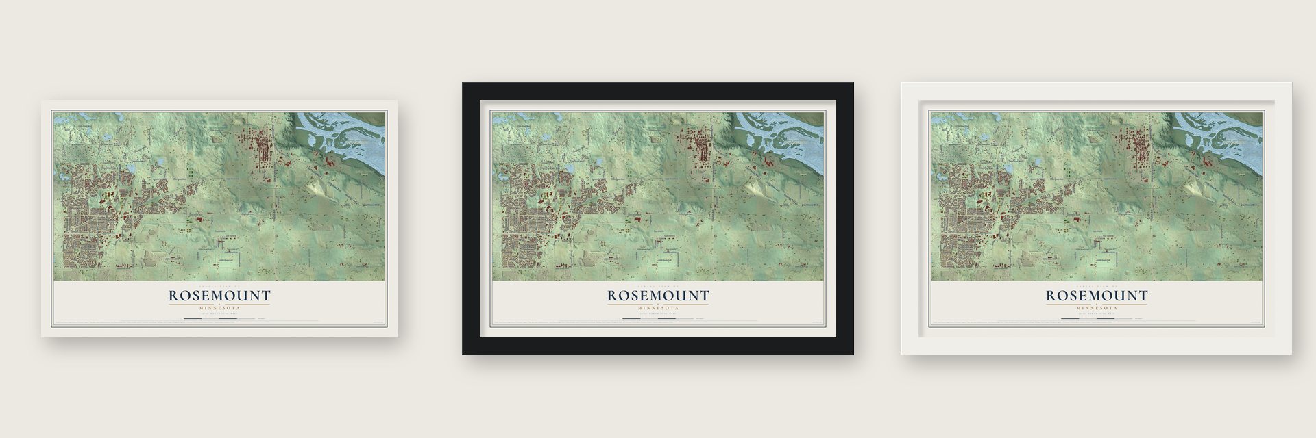Rosemount, Minnesota map unframed, in a black wood frame and in a white wood frame