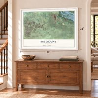 Rosemount, Minnesota map, 24 x 36 inch print in a white frame above a dresser by a staircase
