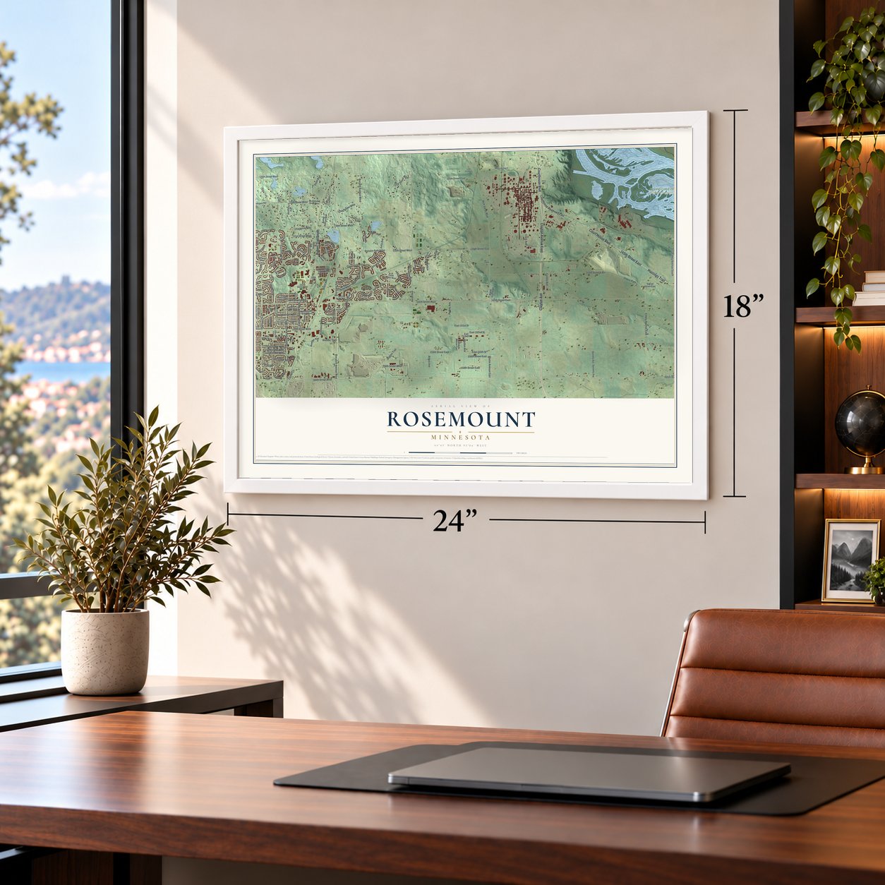 Rosemount, Minnesota map, 18 x 24 inch print in a white frame in a home office