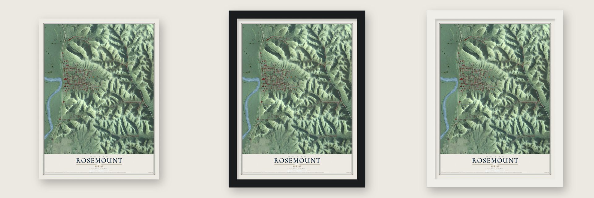 Rosemount, Ohio map unframed, in a black wood frame and in a white wood frame