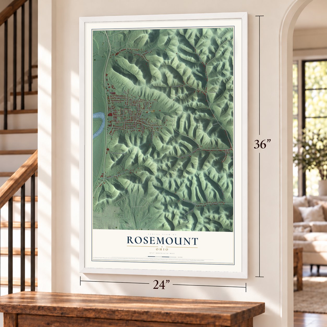 Rosemount, Ohio map, 24 x 36 inch print in a white frame by a staircase