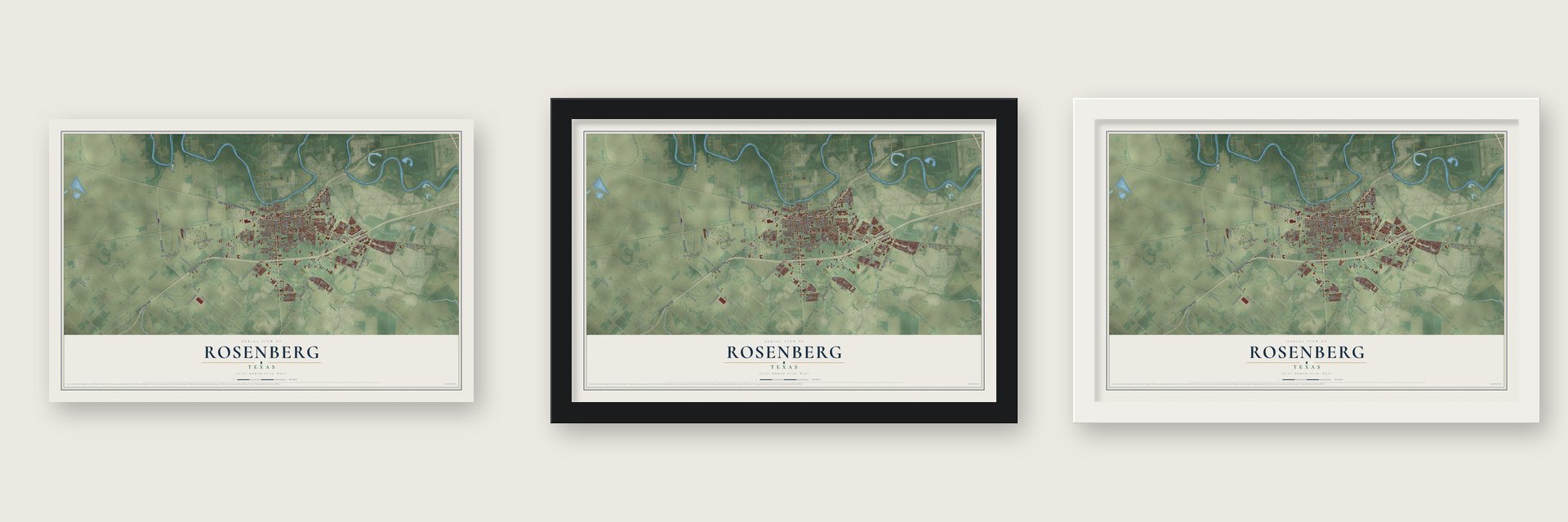 Rosenberg, Texas map unframed, in a black wood frame and in a white wood frame