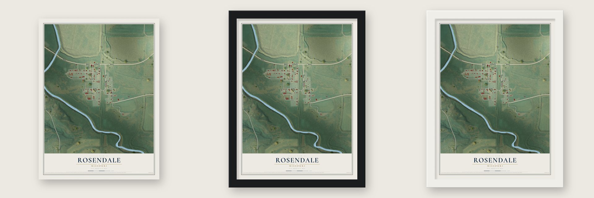 Rosendale, Missouri map unframed, in a black wood frame and in a white wood frame