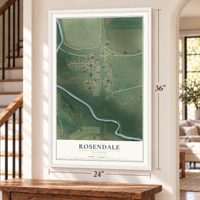 Rosendale, Missouri map, 24 x 36 inch print in a white frame by a staircase