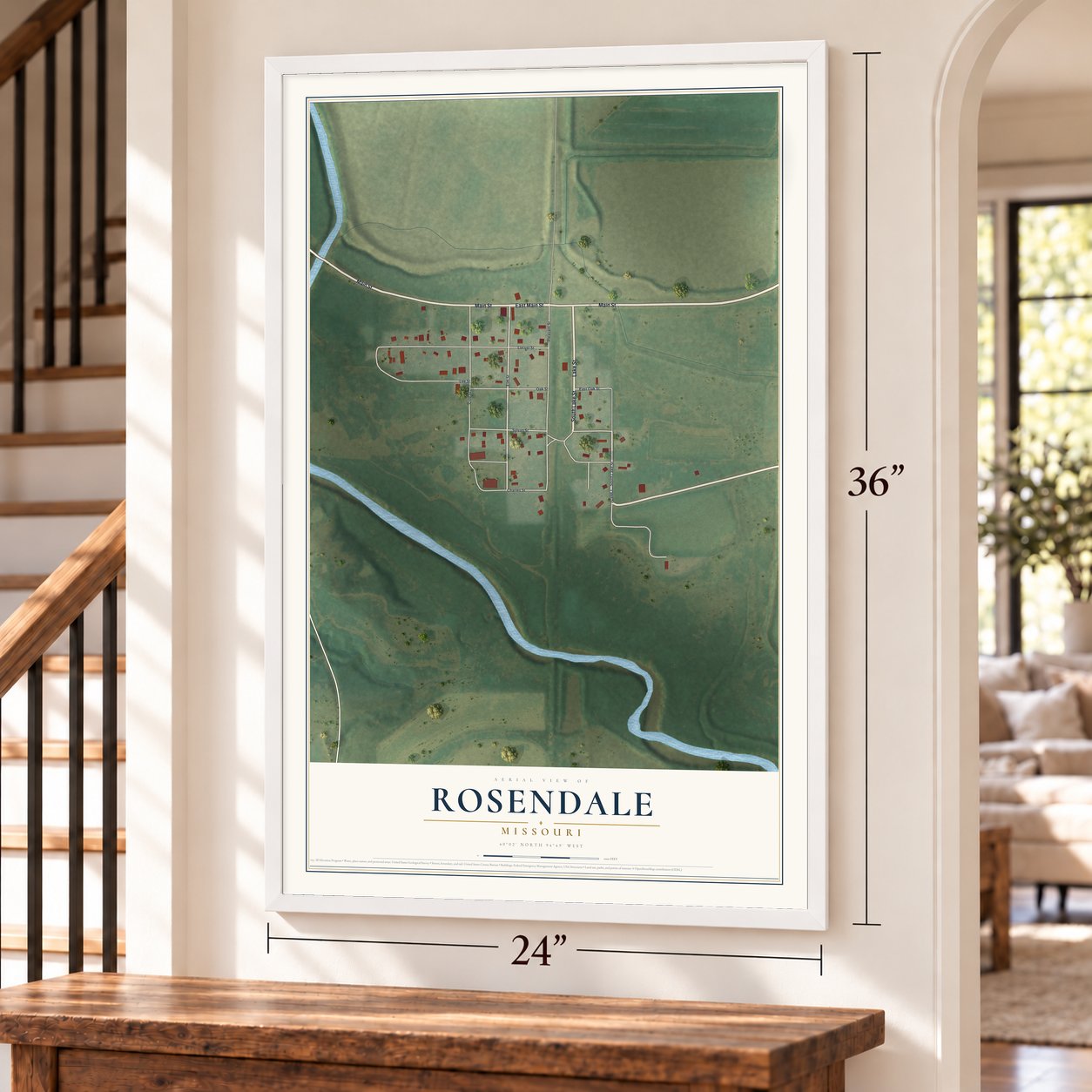 Rosendale, Missouri map, 24 x 36 inch print in a white frame by a staircase