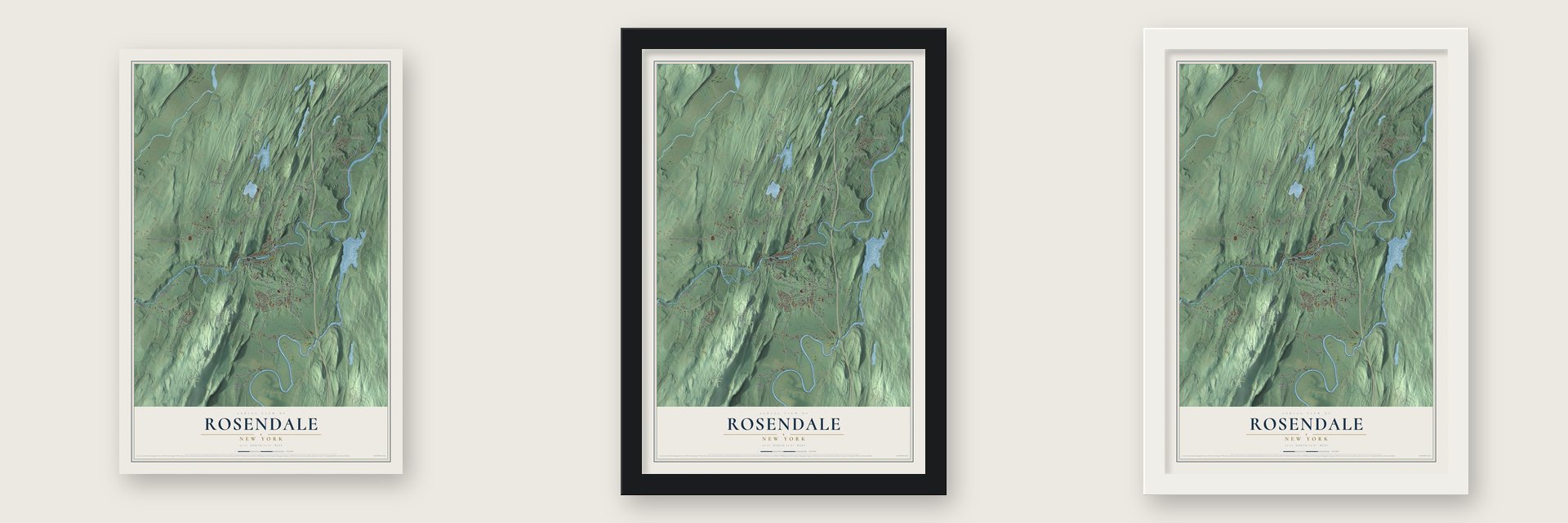 Rosendale, New York map unframed, in a black wood frame and in a white wood frame