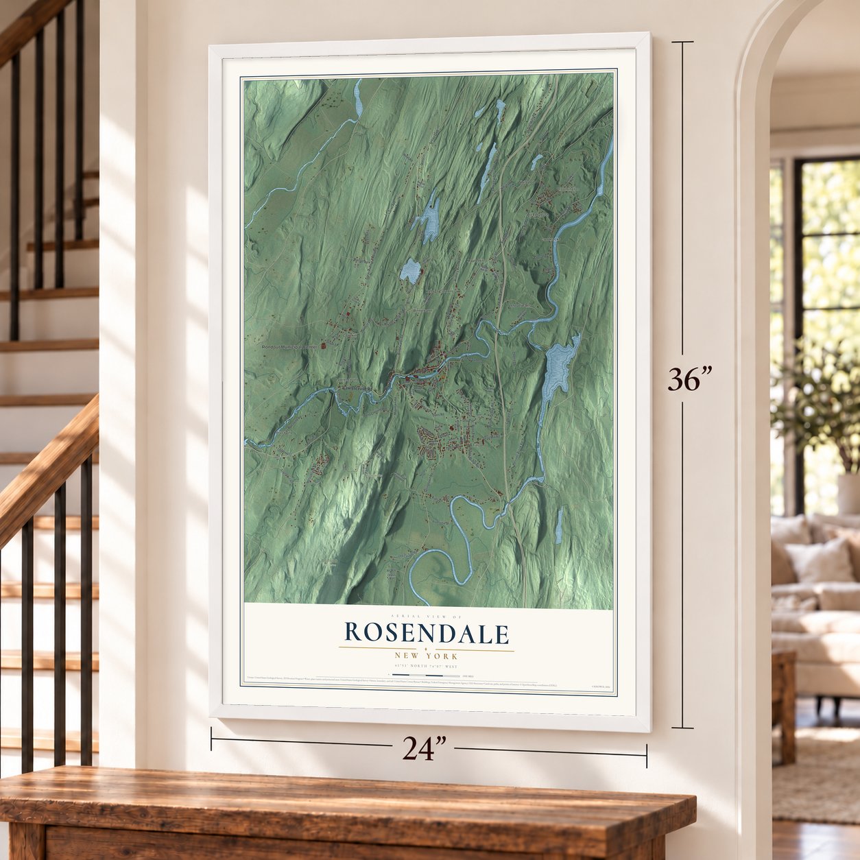 Rosendale, New York map, 24 x 36 inch print in a white frame by a staircase