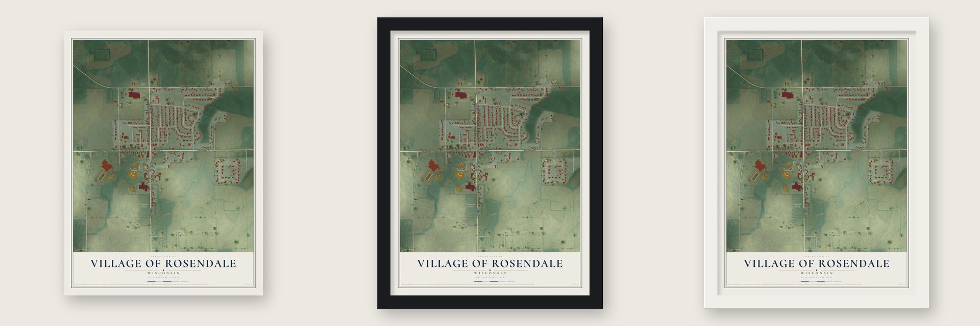 Rosendale, Wisconsin map unframed, in a black wood frame and in a white wood frame